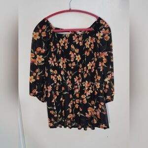 Siren Lily Floral Black and Orange Smocked Top Size 1XL